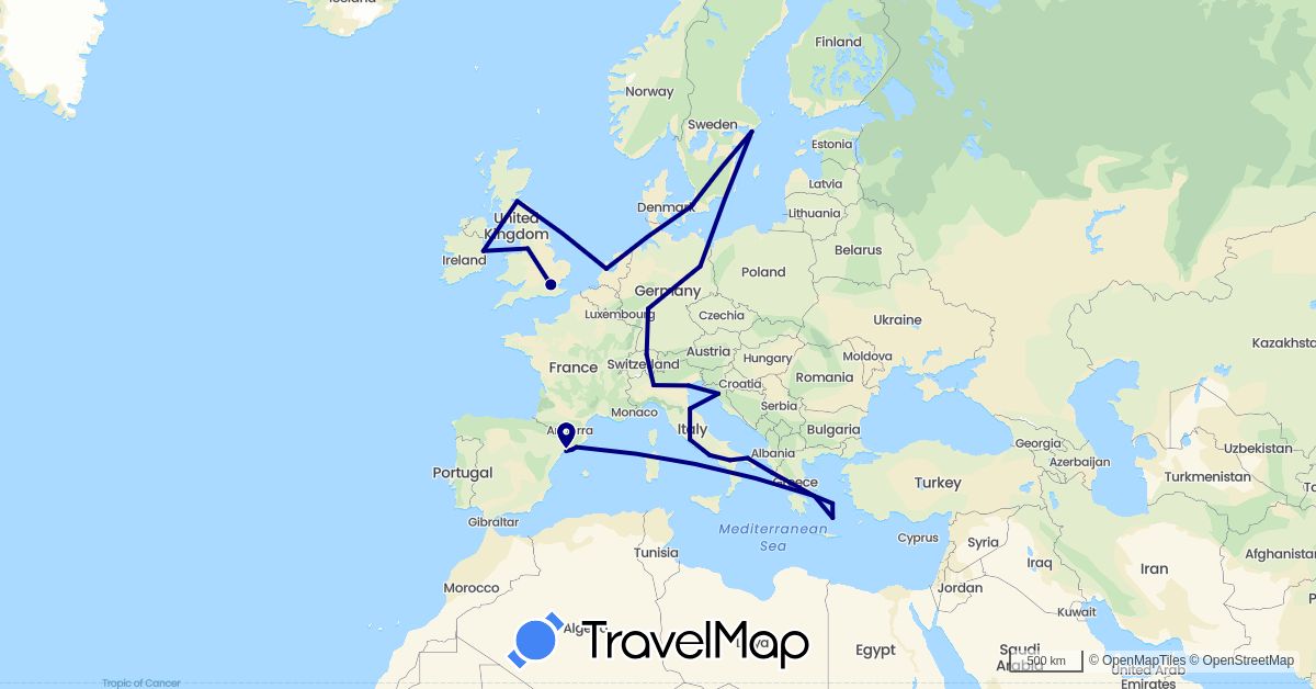 TravelMap itinerary: driving in Switzerland, Germany, Denmark, Spain, United Kingdom, Greece, Croatia, Ireland, Italy, Netherlands, Sweden, San Marino, Vatican City (Europe)