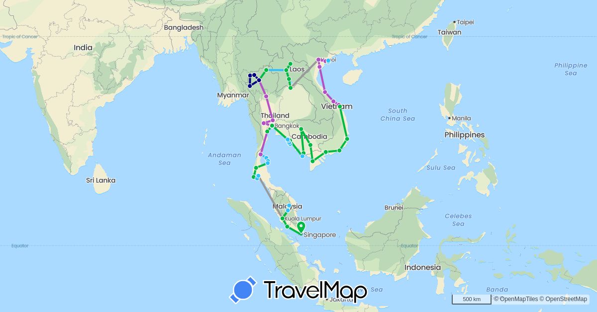 TravelMap itinerary: driving, bus, plane, train, boat in Cambodia, Laos, Malaysia, Singapore, Thailand, Vietnam (Asia)