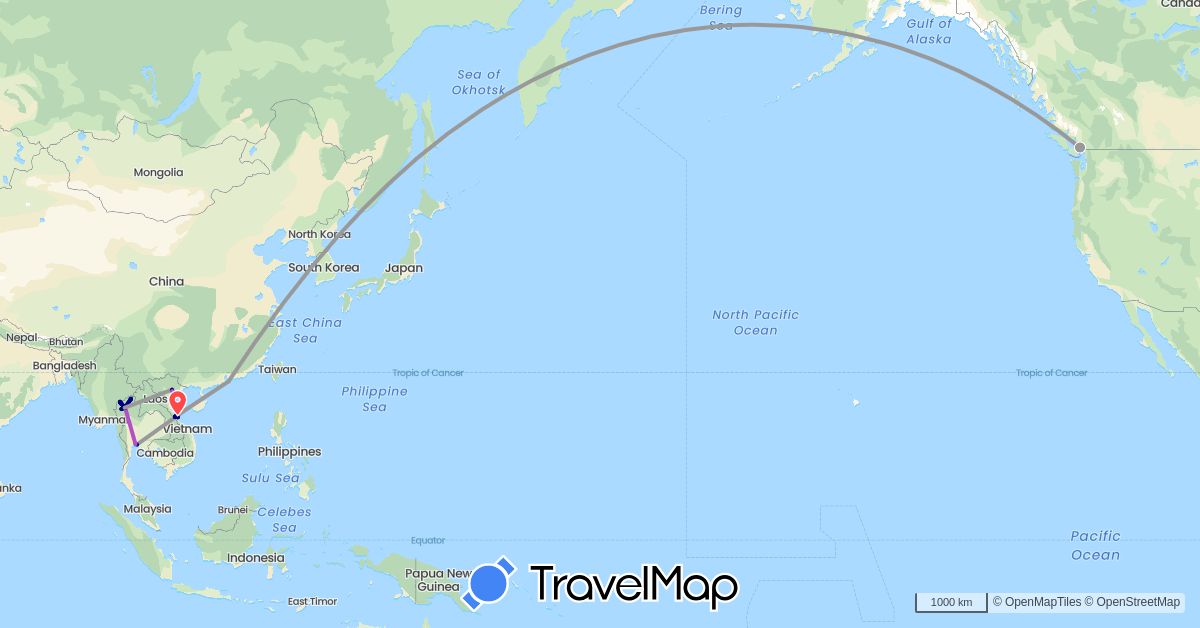 TravelMap itinerary: driving, bus, plane, train, hiking, boat in Canada, China, Thailand, Vietnam (Asia, North America)